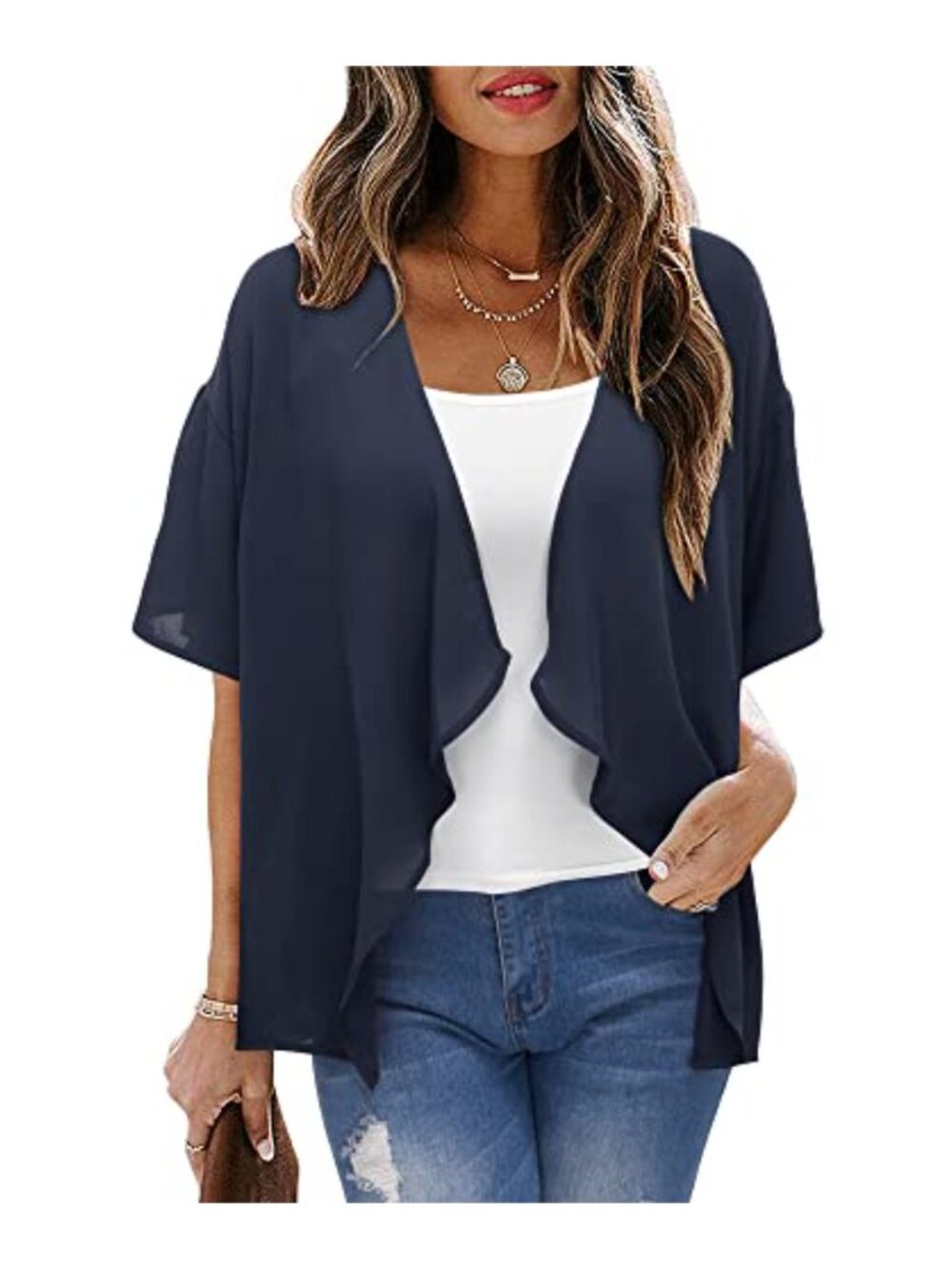 Womens Sheer Chiffon Kimono Cardigan Loose Fit 1/2 Bell Sleeve Summer Beach